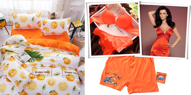 Оранжевая романтика: постельное белье, комбинация, лифчик, стринги, трусы, презерватив