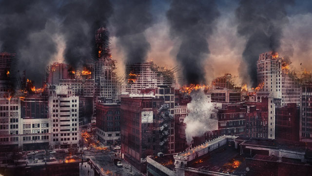 Апокалипсис: разрушенный город в огне
